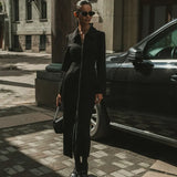 Fongt Women's 2023 New Cardigan Wrapped Hip Long Skirt Fashion Lapel Zipper Long Sleeve Black Dress-Outfit