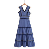 Fongt Women's New V-Neck Splicing Tuxedo Su Hundred Fold Dress 4833