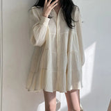Sleeve Dress Women Ins Spring Lovely Solid A-line Ruffles Korean Apricot Fashion Retro Turn-down Collar