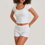 Lace Splicing Home Two-Piece Set Of Body-Repair Collar Knitting Short Suit Women's Multi-Color Leisure