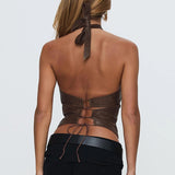 Fongt Culture Leather Splicing Vest Ancient Early Do Old Sexy Bare Back Belt Belt Short Hanging Neck Sling Woman