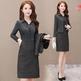 Plaid 2 Piece Dress Sets Spring Fall Elegant Long Sleeve Cropped Jacket Slim Ol Lapel Dresses Suits Oversize 4xl