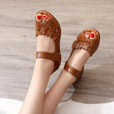 Genuine Leather Peep Toe Ladies Sandals Summer Shoes Women Low Heel 2021 Hook & Loop Soft Comfort Flat Sandals