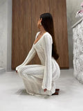Fongt Women's Fashion Elegant V-Neck Knitted Dress Horny Sleeves Hollowed-Braceed Long Dress