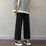 Pants Women Spring Summer Ankle-length Loose Wide Leg Elastic High Waist Oversize Black Simple Comfortable Elegant