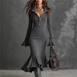 Fongt Fashion Elegant Temperament Zippered Horn Sleeve Knitted Fishtail Skirt