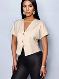 Fongt Solid Color V-Neck Metal Button Asymmetrical Sleeve Shirt