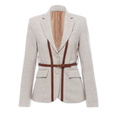 Fongt New British Splicing Colliding Color Leather Splicing Back With Small Suit Jacket With Belt 1226