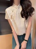 Style Fresh And Elegant T-Shirt 2024 New Chinese Style Slanted Cardigan Delicate Embroidered Short-Sleeved Shirt Blouse-Outfit