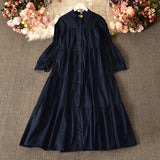 Temperament Aging Solid Color Simple Dress Autumn Dress Korean Version Fashion Bubble Long Sleeves Show Thin Button Long Skirt Women-Outfit