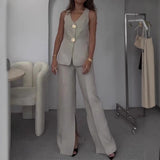 Fongt Spring And Summer New Solid Color V-Neck Sleeveless Vest Wide Leg Pants Casual Two-Piece