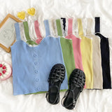 New Ice Silk Knitted Vest Female Korean Version V-Neck High-Waist Short Lace Spliced Solid Color Sling