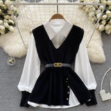 Fongt Sets + V Cooked Two Autumn Dress New Loose Wind Collar Knitted Tagonal Knitting Set Shirt Collar