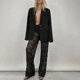 sexy all-match lace see-through high waist splicing long casual Y2K straight trousers elegant and luxurious women's clothing-Outfit