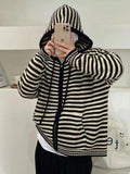 Hooded Striped Long Sleeve Knit Cardigan-Outfit
