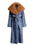 Fongt Temperament Long Trench Coat Spring 2024 New Removable Wool Collar Small Design Sense Denim Coat-Outfit