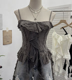 Fongt Wasteland To Make Old Hole Slings Vest Irregular Lotus Side Ribbon Short Sleeveless Top 9238