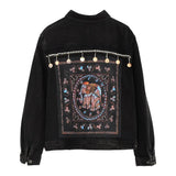 Short Black Denim Jacket Autumn Winter Turn-down Collar Button Female Jackets Pattern Splice Vintage Woman Outerwear