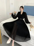 Fongt Autumn Station Temperament Retro Lotus Leaf Side Bubble Long Sleeve V Collar Thin A Word To Close The Waist 100-Fold Dress