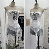 Fongt Shot With Anti-Slip Letter Print Chest Vest Tsets Lace Splicing Mesh Yarn Irregular Top 1233