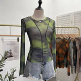 Fongt Sun Dyed Elastic Mesh Yarn T-Shirt Stacked With Long-Sleeved Top Press Line T-Shirt 8980