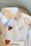 Korean Style Lipstick Print Blouse Women Harajuku Oversized Shirt Elegant Loose Casual All-match Button Tops