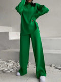 Women Knitted Suit Warm Solid Split Pullovers and Wide Pants Two-piece Suit Female Half Turtleneck Oversize Tracksuit-Outfit