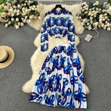 New Advanced Casual Women's Elastic Long Sleeve Pleated Top+High Waist Pleated Half Skirt Printed Skirt 2-piece Set-Outfit
