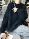 New 2022 Fake Mink Cashmere Spring Autumn Women Sweater Pullovers Oversized Vintage Knitwears Wild Lady Tops