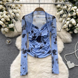Fongt Girls Tie-Dye Mesh Jersey Long-Sleeved T-Shirt Girl Thin Perspective Temperament Fashion Folding Top