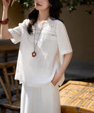Fongt Dream Floating Heavy Industry Lace + Loose Short-Sleeved Collar Shirt Women's Top 25 Summer New Solid Loose Leisure Wind