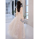 Fongt Dress Women 2025 New Champagne Long-Sleeved Banquet Temperament Simple Thin Host Art Exam Dress