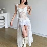 Fongt Summer New Women's French Lace Hollow Perspective Slit Slip Dress-Outfit