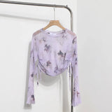 Solid Shot Tie Dyed Mesh Yarn Small Lequine Horn Long Sleeve Thin T-Shirt Drawstring With Short Repair Body Coat