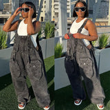 Fongt Women's Ins Style Street Big Pocket Wide Leg Pants Loose Hanging Jeans