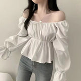 Solid Color Elastic Square Collar Puff Sleeve Blouse-Outfit