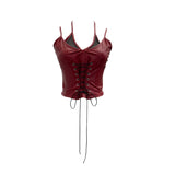 Fongt Shooting Locomotive Punk Pu Splicing Fishing Net Hanging Neck Sling Vest Babes Wearing Rope Repair Short Blouse 8106