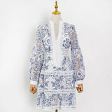 TWOTWINSTYLE Blue Elegant Print Dress For Women V Neck Lantern Long Sleeve High Waist Mini Dresses Female Spring Fashion