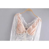 Fongt New Women's Low-Chest Romance V-Neck Long Sleeves After The Hollow Bubble Bubble Sleeve Lace Tset Shirt