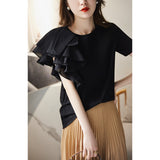 Amorous Feelings ~ Irregular Lotus Leaf Edge Design Round Collar Pure Cotton T-Shirt Short-Sleeved Shirt Girl EGTX46512-Outfit