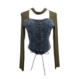 Sexy Hollow Hanging Neck Cowboy Splicing Mesh Strap With Irregular Long-Sleeved T-Shirt Short Top