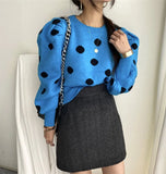 Y2K 2021 Women Autumn Winter Sweaters Knitted Vintage Fashionable Pullovers Elegant Puff Sleeve Dot Short Tops