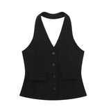 Fongt New Women's Folding Decoration High-Waist Wide Leg Pants Leak Back Hanging Neck Vest