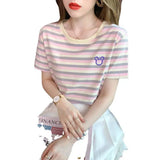 Fongt Summer New Round Collar Short-Sleeved Women's T-Shirt Embroidery Fashion Korean Version Loose And Versatile Age Reduction Stripes On Clothes