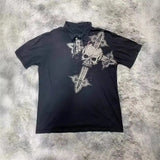 Fongt Short-Sleeved Retro Loose Leaf Print Polo Shirt Loose Street Coat
