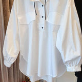 Autumn Stand Collar Blouse Commute Korean Loose Female Clothing Stylish Button Drawstring Basic Casual Long Sleeve Shirt-Outfit