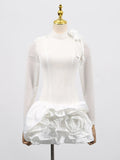 Fongt Summer New Dress Femininity Elegant Fashion Round-Neck Long-Sleeved Mesh Three-Dimensional Flower High-Waisted