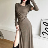 Fongt The Fall Of 2025, The New Women's Folded Hooded Desert Body Repair Waist-Skin Open-Fork-Packed Dress