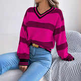 Shooting 2025 Autumn And Winter V-Necked Striped Striped Lantern Long-Sleeved Jacket Sweater Women's