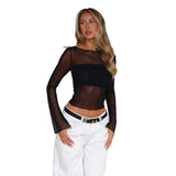 Fongt Summer New Round Neck Long Sleeve Mesh Perspective Exposed Waist Top With Hot Girl T-Shirt